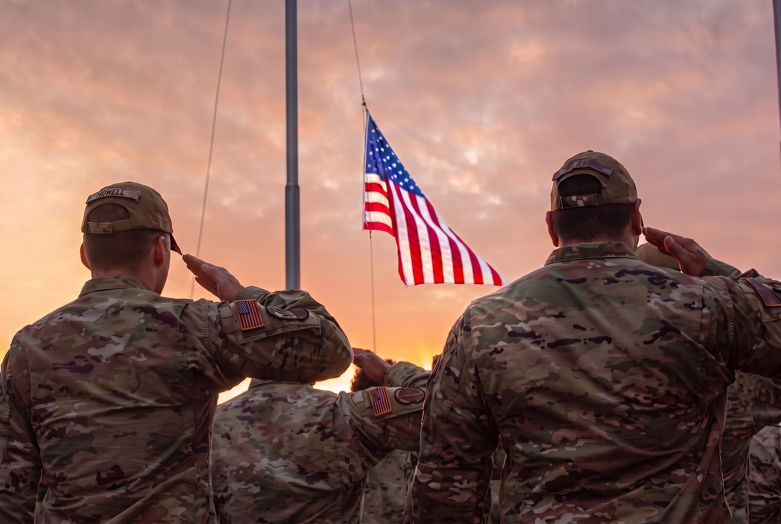 Service members saluting the American flag